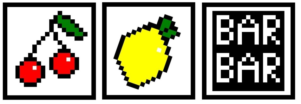 Símbolos de frutas y BAR de una slot pixelados
