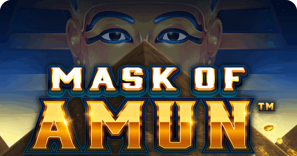 Promoción del juego Mask of Amun con temática egipcia, pirámide y máscaras doradas